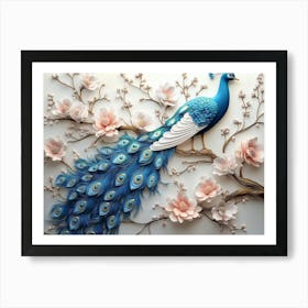 3d Blue Peacock On Branch With Flowers Art Print