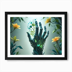 A Robotic Hand Made Of Metallic Vines And Leaves, Reaching Towards A Glowing Light Art Print