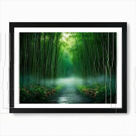 Bamboo Forest Bathed In The Enchanted Twilight Glow Shafts Of Soft Amber Sunlight Filtering Through Art Print