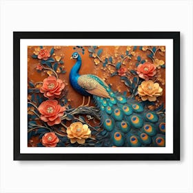 Elegant Peacocks Combines Bright Color Floral with Exotic Oriental Pattern Flowers and Illustration Art Print