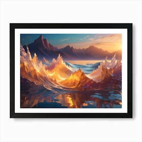 A Crystal Like Wave With Golden Hues Rises From The Ocean Surface, Reflecting The Warm Sunlight Against A Backdrop Of Majestic Mountains Art Print