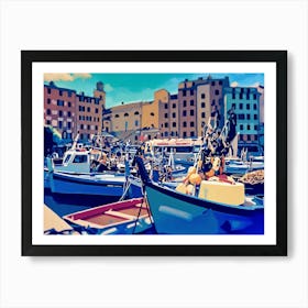 Fishing Boats In Port. A vibrant digital painting depicts a harbor scene with several boats docked along a waterfront. The boats are primarily blue and white, with some featuring red accents. They are filled with fishing nets and other equipment, suggesting a working harbor. The background features a row of colorful buildings with windows and balconies, painted in shades of yellow, orange, and brown. Art Print