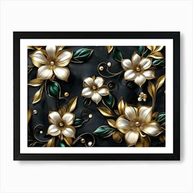 Luxury Floral Seamless With Flowers Elegant Leather Texture In Golden, Green and White Art Print