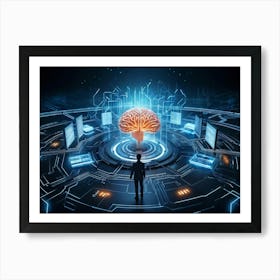 Abstract Cyber Concept Art Featuring A Human Brain At The Center Of Innovation Connected With Futur (4) Art Print