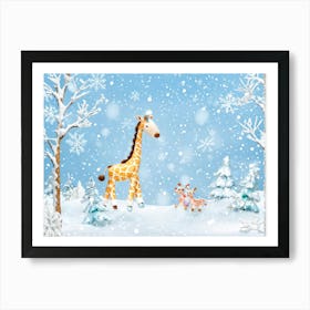 A Whimsical Winter Scene Featuring A Playful Giraffe In A Snow Covered Wonderland Frolicking Among Art Print