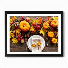 Autumn Themed Table Decor Featuring An Assortment Of Yellow And Orange Leaves Acorns Amidst A Garde (4) Art Print