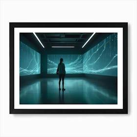 A Woman Stands In A Futuristic Room Surrounded By Screens Displaying Abstract Digital Patterns Of Light And Data Art Print