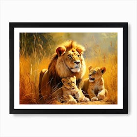 African Lion With Cubs Realism Painting 3 Art Print