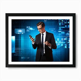 Businessman Immersed In A Modern Lifestyle Communicating Via Smartphone Fingers Dancing Across A T Art Print