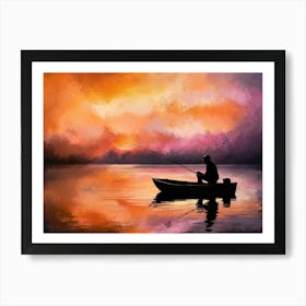 Silhouette a man fishing on boat - Acrylic oil painting #3 Art Print