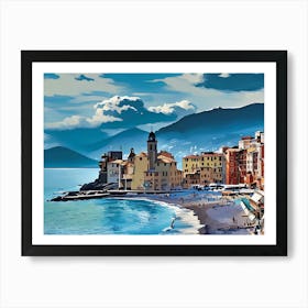 Camogli at dusk, a medieval Ligurian village with its castle. Its bay and its marina are famous destinations for tourists on their travels. The colorful houses, typical Ligurian architecture, are right in front of its beach on the Mediterranean sea. On the horizon, threatening spring clouds above the mountains.
The image depicts a picturesque coastal town bathed in the soft glow of twilight. A cluster of charming buildings, some with distinctive bell towers, line the shoreline, their warm lights casting a welcoming ambiance. The buildings are painted in a palette of pastel hues, creating a visually appealing contrast against the deep blue of the sea and the sky. Art Print