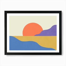 Sunset Island Beach Sky Horizon Graphic Abstract Landscape Bold Vibrant Colors - Orange Purple Gold Blue Art Print