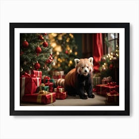 Red Panda In Front Of Christmas Tree Art Print