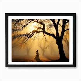 A Woman In A White Dress Walks Through A Misty Forest, Bathed In The Golden Light Of The Rising Sun Art Print