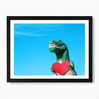 T Rex Dinosaur Statue Holding Red Paper Heart Art Print