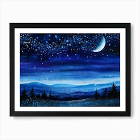 Moon Casting A Silver Glow On The Horizon Myriad Stars Twinkling Above Landscape Silhouette Agains Art Print