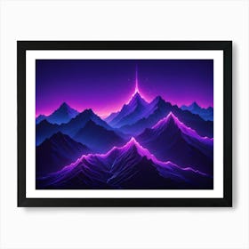 A Digital Art Illustration Of A Mountain Range With Neon Purple And Blue Lights, Creating A Futuristic And Surreal Atmosphere Art Print