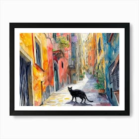 Black Cat In Genoa, Italy, Street Art Watercolour Painting 1 Art Print