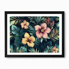 Tropical Seamless Pattern with Exotic Leaves, Strelitzia Flowers, Hibiscus and Plumeria Art Print