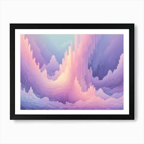 Abstract Image Of A Colorful Landscape With Tall, Geometric Shapes Resembling Mountains Or Buildings, Bathed In Soft, Pastel Hues Art Print