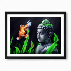 A goldfish and a Buddha statue. Under the water, a bright golden fish and a Buddha statue, surrounded by algae, in bright colors on a dark background. Art Print