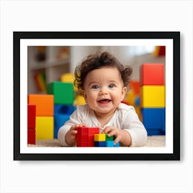 Baby Smiling Engaging With Vibrant Blocks Of Primary Colors Soft Focus Background Enhancing The Ch (7) Art Print