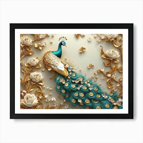 3d peacock art with golden jewelry and flowers Art Print