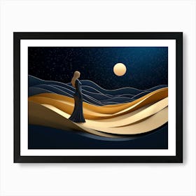 Woman Body Silhouette Standing On Golden Dunes 2 Art Print