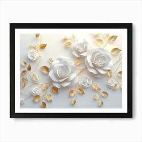 3d White Roses on A White Background, Golden Leaves, Elegant Floral Pattern Art Print