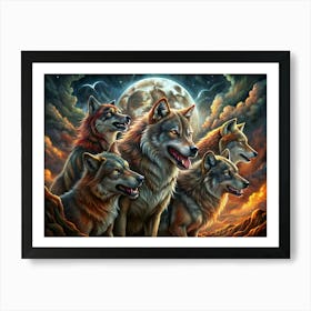 Pack Of Wolves Howling At The Full Moon Art Print