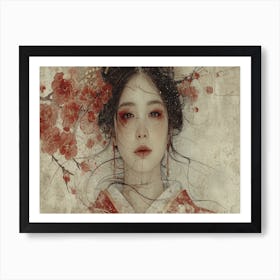 Geisha Grace: Elegance in Burgundy and Grey. Asian Girl With Cherry Blossoms Art Print
