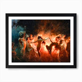 Fire Dance - Nymphs Dancing to Pans Flute - Witchy Pagan Mayhem Beltane Fire Festival Mythological Fairytale Witches Dance in a Circle Famous Oil Painting by Thomas Tomanek Art Print