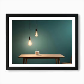 A Wooden Table With A Cup Of Coffee, Two Hanging Light Bulbs, And A Chair Art Print