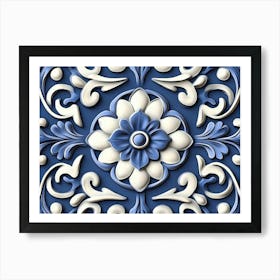 3d Sculpture Retro Pattern Blue Spiral Curve Cross Dot Line Frame Plant Flower Art Print