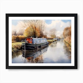 Moored Blue And Red Canal Boat Art Print