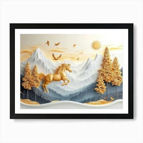 3d Art Featuring Horse, Golden Trees, Mountains, Suns, Birds On Modern Background, Trees Art Print