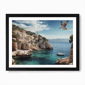 Seagull Flying Over A Village Art Print