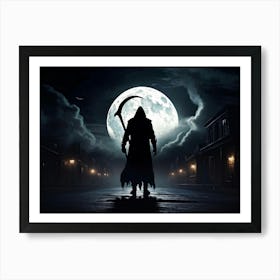 Silhouette Of A Sinister Reaper Scythe Raised Standing Against A Backdrop Of A Full Moon On Hallow (2) Art Print