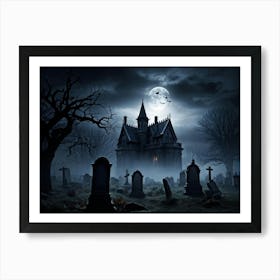 Frightened Souls Hovering Over A Mist Enshrouded Graveyard Full Moon Piercing Through Ominous Cloud (4) Art Print