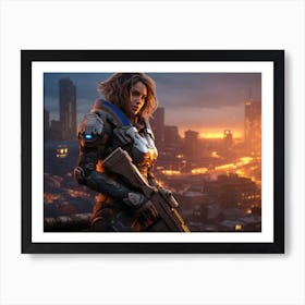 Futuristic soldier woman with energy gun Art Print