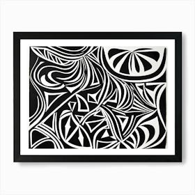 Retro Inspired Linocut Abstract Shapes Black And White Colors art, 183 Art Print