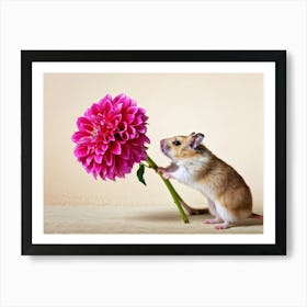 Hamster Clutching A Vibrant Pink Dahlia Fur Texture Detailed Contrasting Against A Muted Beige Bac Art Print