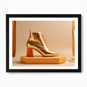 3d Illustration Of A Golden Boot With A Chunky Orange Heel On A Platform With Orange Geometric Shapes Art Print