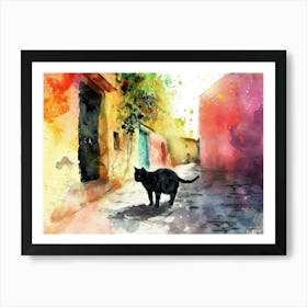 Black Cat In Latina, Italy, Street Art Watercolour Painting 4 Art Print