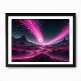 A Colorful, Otherworldly Landscape With A Bright Pink Light Emanating From A Swirling Vortex Art Print