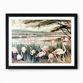 Pink Flamingoes Tropical Jungle Illustration 2 Art Print