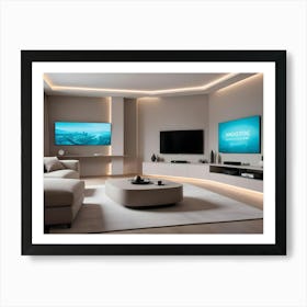 A Modern Living Room With A White Sofa, A Coffee Table, Two Tvs, And Accent Lighting Art Print