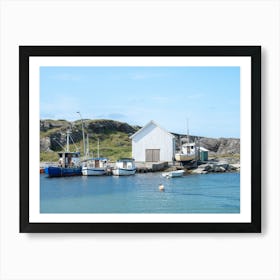 A white boathouse en some fishing ships in a small harbour at Ølberg in Norway - summer nature and travel photography by Christa Stroo Art Print