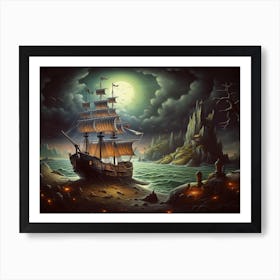 Pirate Ship At Night Art Print