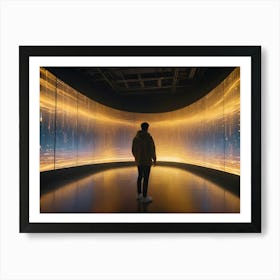 A Man Stands Silhouetted In A Futuristic, Cylindrical Space, Surrounded By Large Screens Displaying Vibrant, Abstract Data Visualizations Art Print